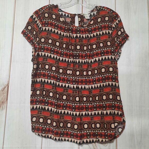Forever 21 Tribal Print Short Sleeve Blouse‎ Casual Top Boho - Picture 1 of 8